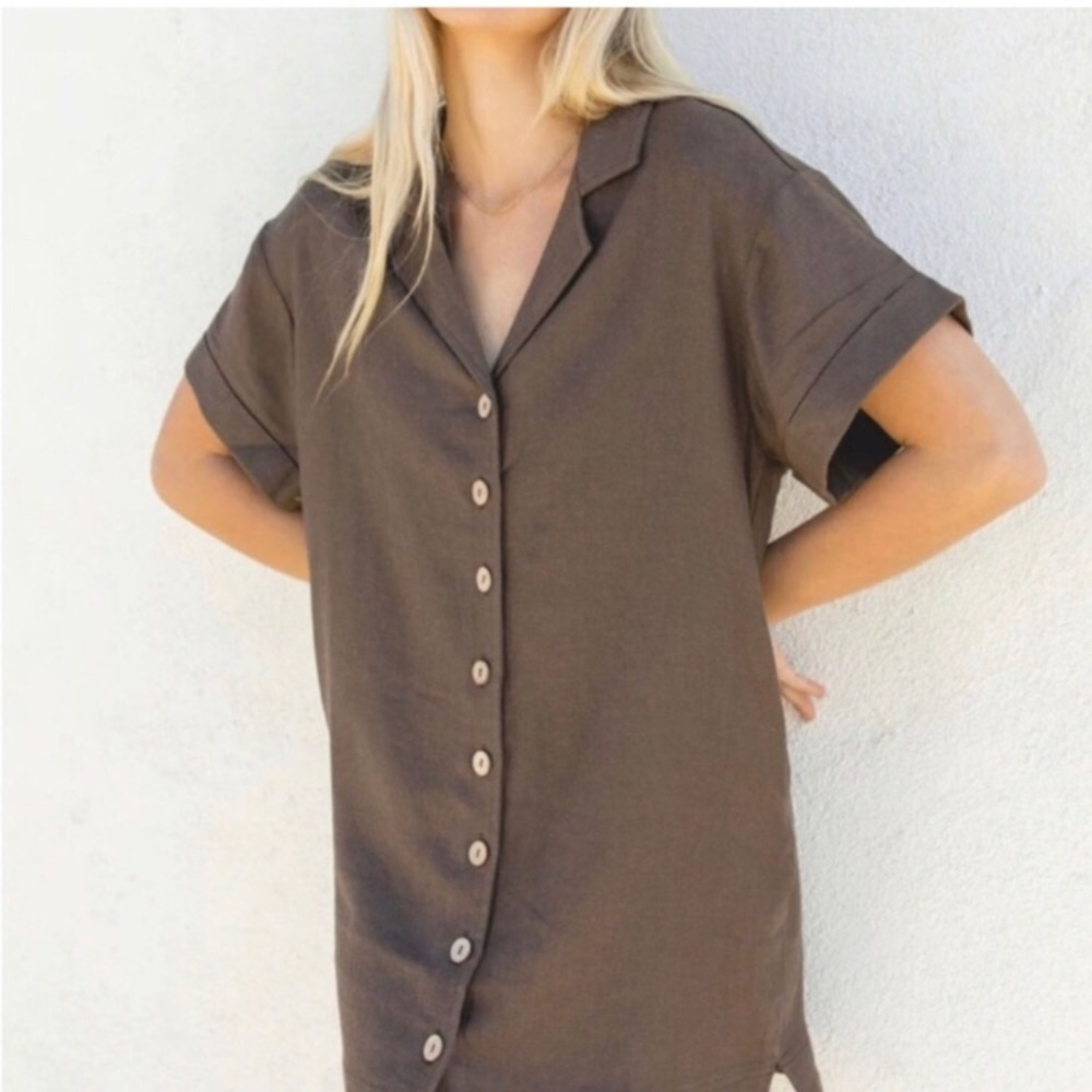 Linen Blend Brown Button-Up